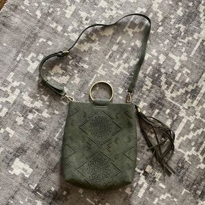Green Leather Anthropologie Handbag with Woven Front Detail and Gold Hardwear